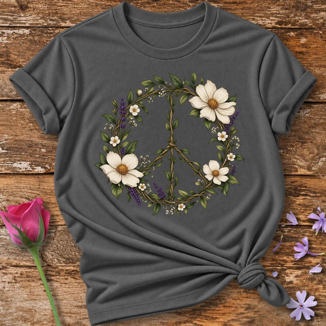 Floral Peace Sign — Botanical Vine Wreath T-Shirt for Women in Charcoal