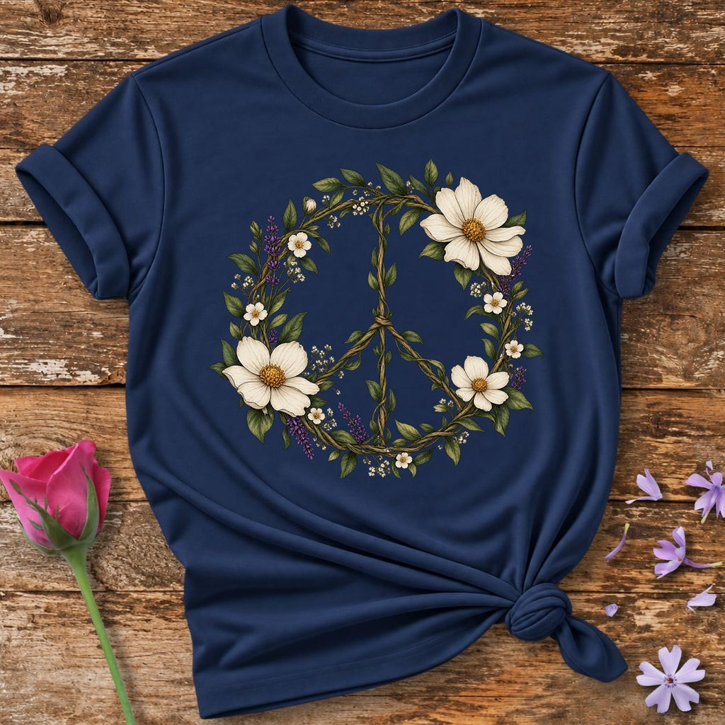 Floral Peace Sign — Botanical Vine Wreath T-Shirt for Women in Navy