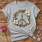 Floral Peace Sign — Botanical Vine Wreath T-Shirt for Women in Sport Grey