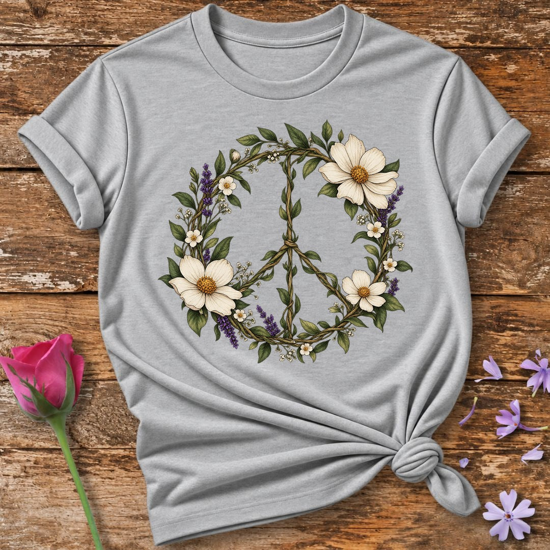 Floral Peace Sign — Botanical Vine Wreath T-Shirt for Women in Sport Grey
