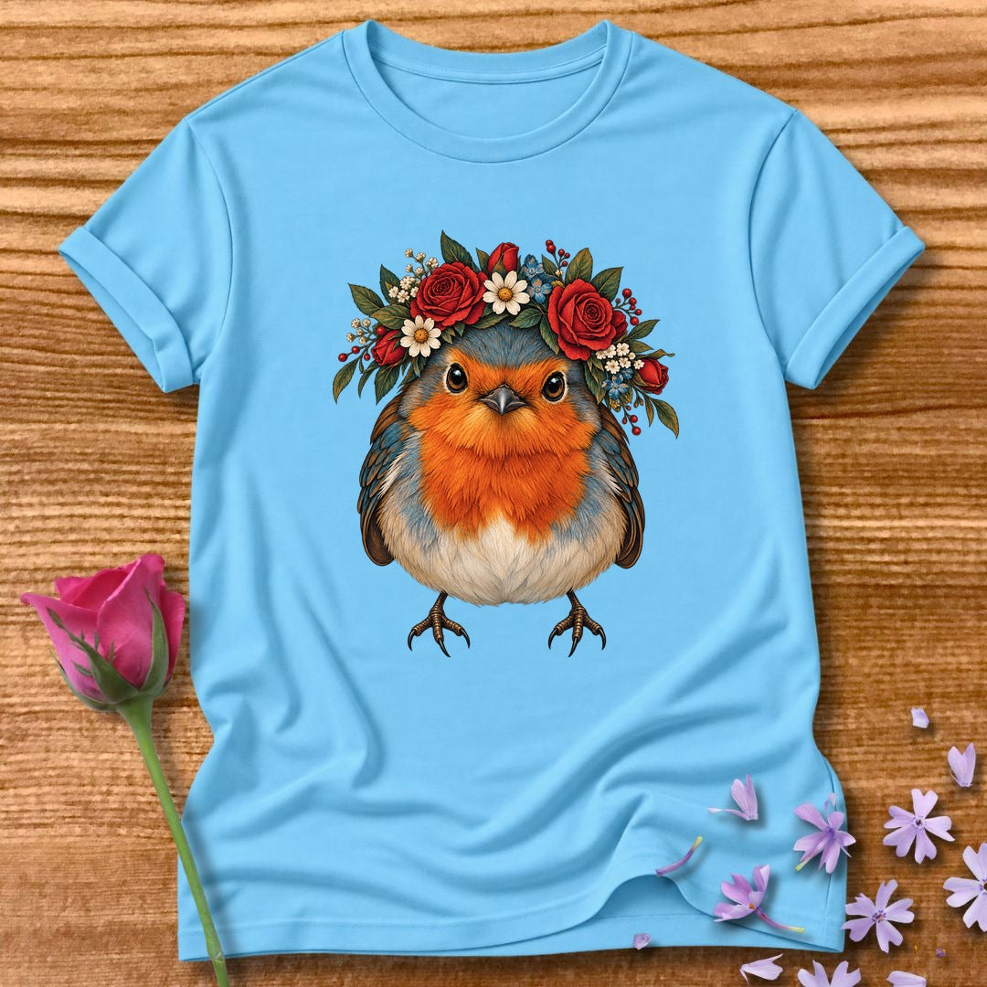 Flower-Crowned Songbird — Bold Botanical Portrait T-Shirt for Women in Sky