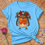 Flower-Crowned Songbird — Bold Botanical Portrait T-Shirt for Women in Sky