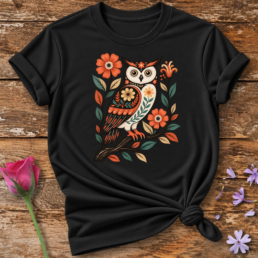 Folk Art Owl — Floral Branch Graphic T-Shirt for Women in Black