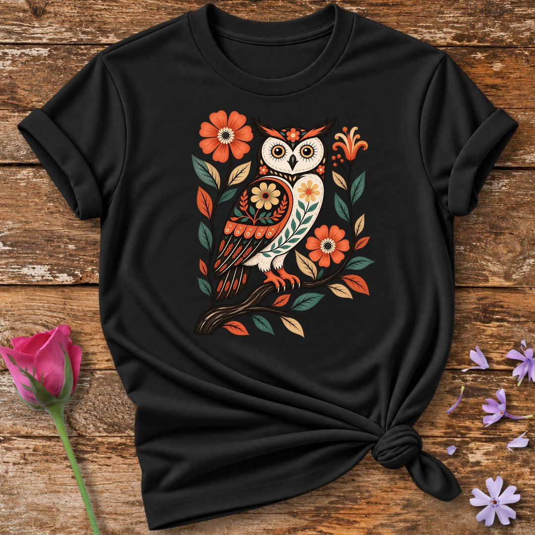 Folk Art Owl — Floral Branch Graphic T-Shirt for Women in Black