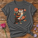 Folk Art Owl — Floral Branch Graphic T-Shirt for Women in Charcoal