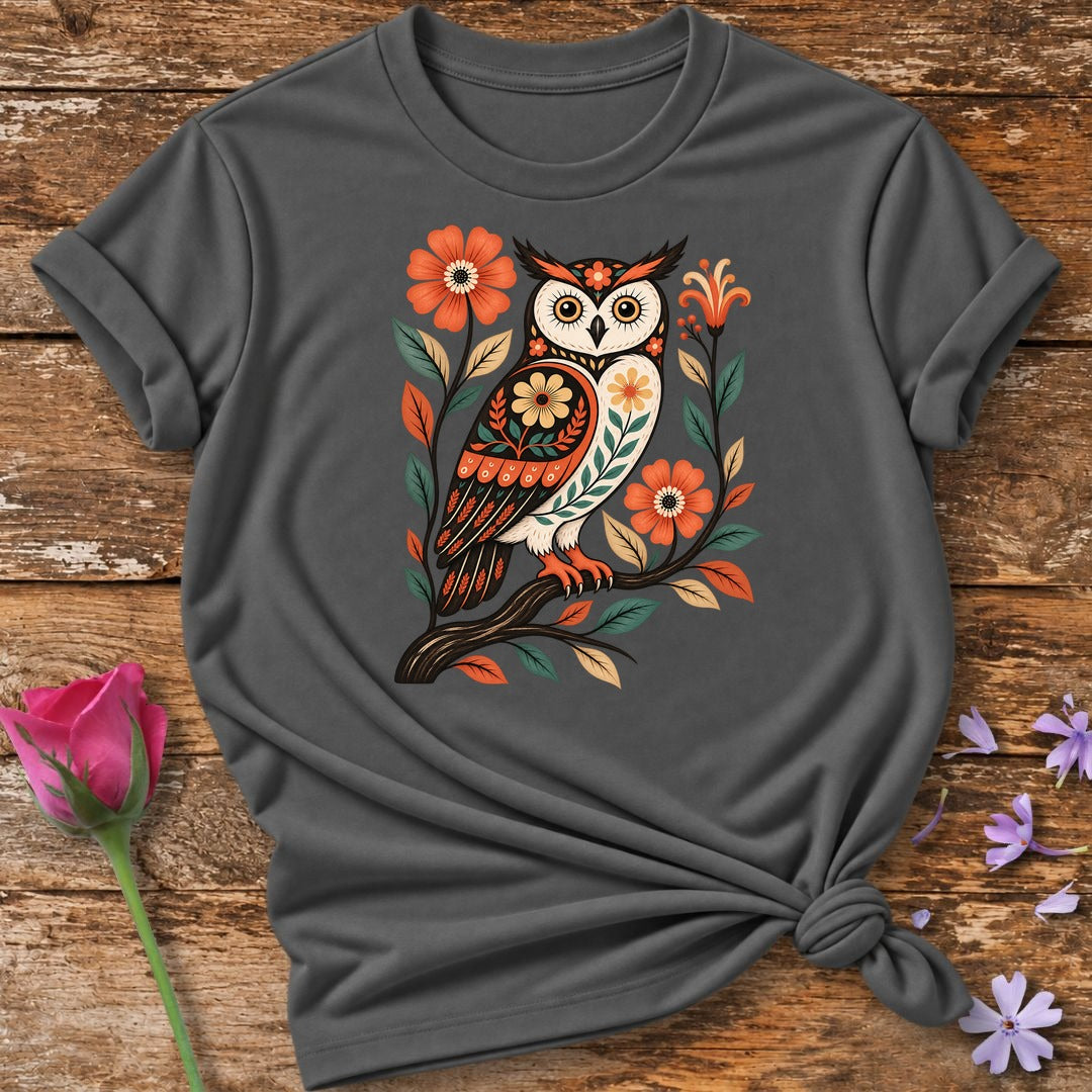 Folk Art Owl — Floral Branch Graphic T-Shirt for Women in Charcoal