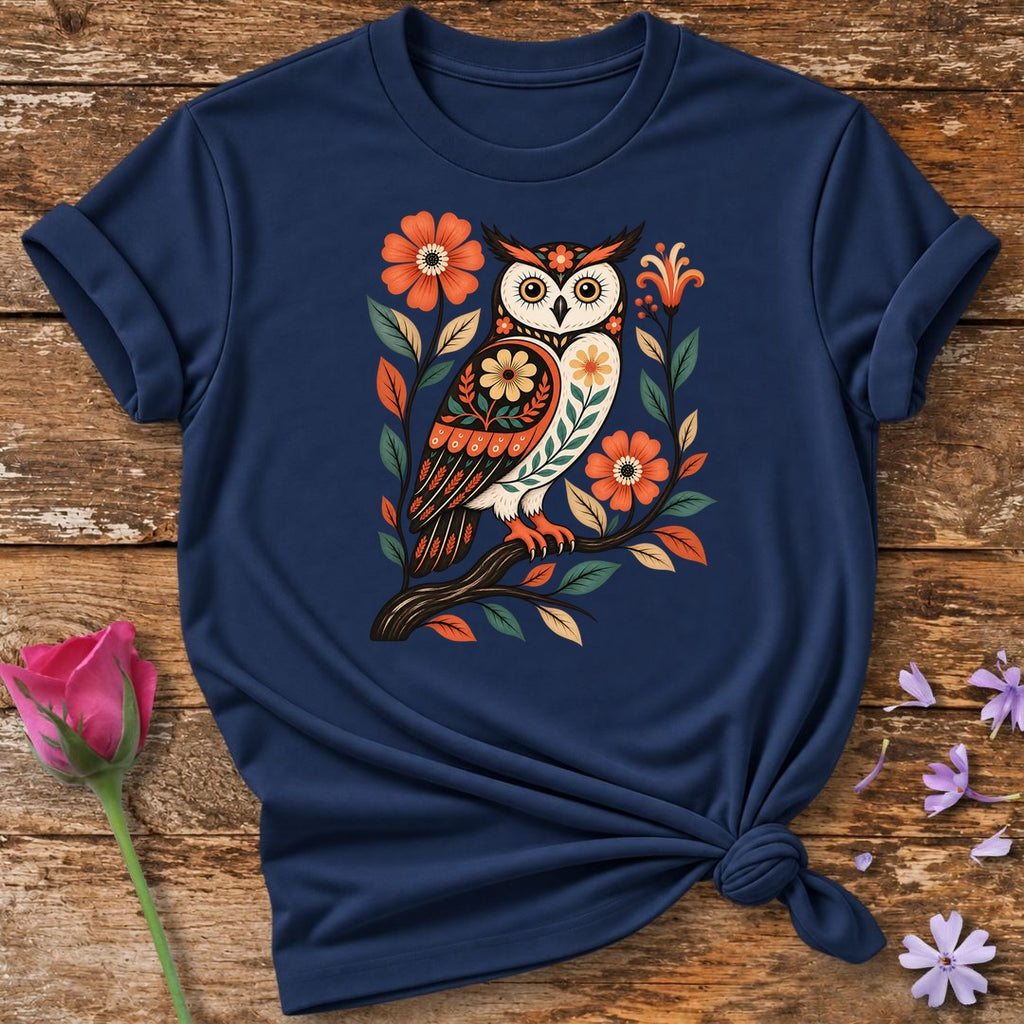 Folk Art Owl — Floral Branch Graphic T-Shirt for Women in Navy