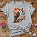 Folk Art Owl — Floral Branch Graphic T-Shirt for Women in Sport Grey