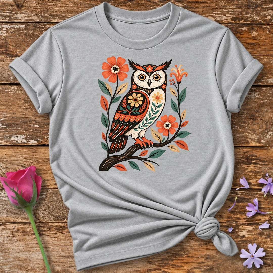 Folk Art Owl — Floral Branch Graphic T-Shirt for Women in Sport Grey