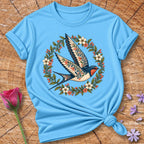 Folk-Art Swallow Wreath — Botanical Bird T-Shirt for Women in Sky