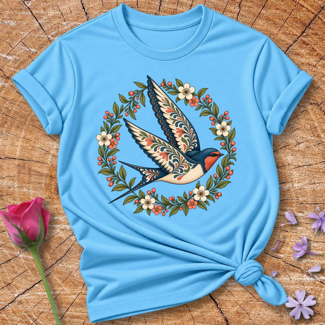 Folk-Art Swallow Wreath — Botanical Bird T-Shirt for Women in Sky