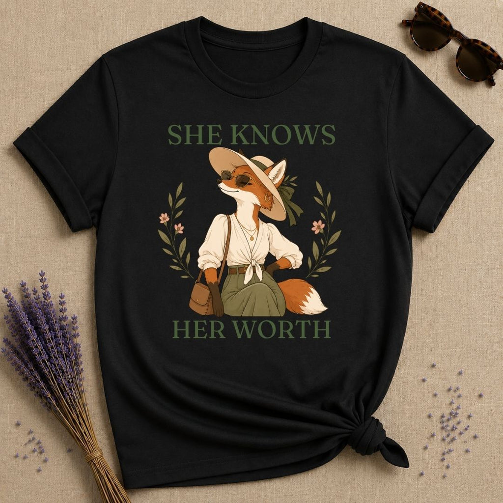 Fox She Knows Her Worth T-Shirt - Black