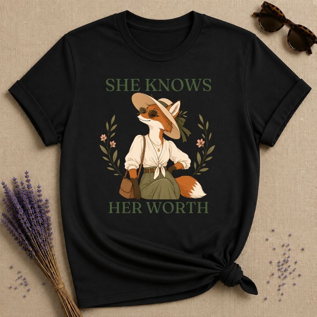 Fox She Knows Her Worth T-Shirt - Black