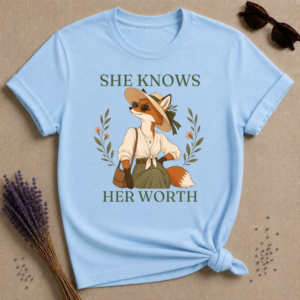 Fox She Knows Her Worth T-Shirt - Light Blue