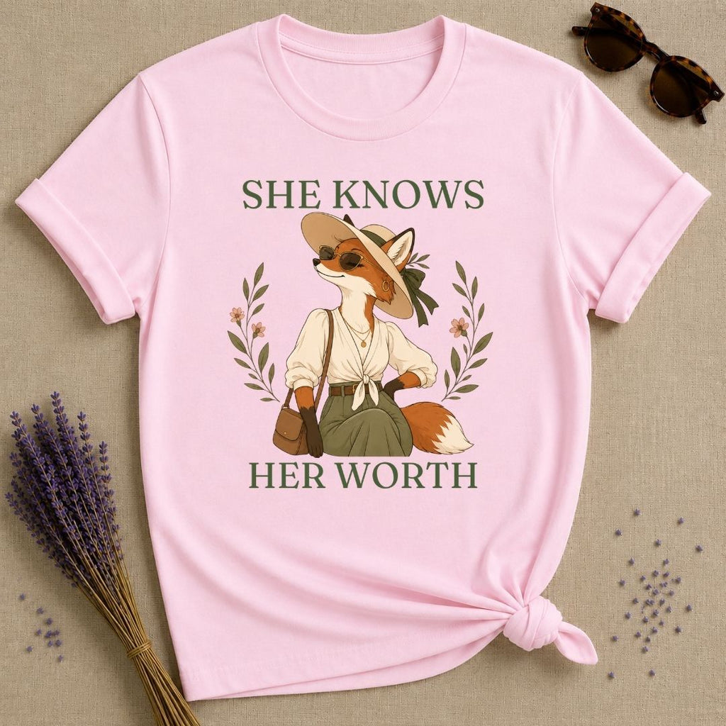 Fox She Knows Her Worth T-Shirt - Light Pink