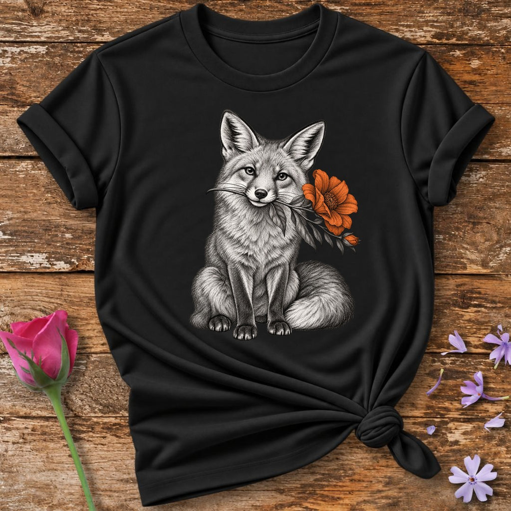 Fox with Autumn Flower — Monochrome Botanical T-Shirt for Women in Black