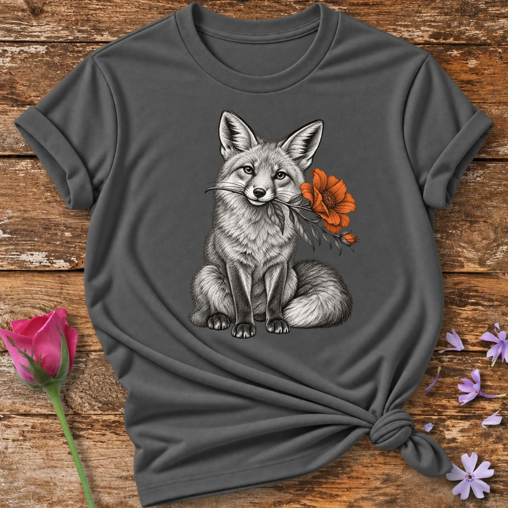Fox with Autumn Flower — Monochrome Botanical T-Shirt for Women in Charcoal
