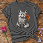 Fox with Autumn Flower — Monochrome Botanical T-Shirt for Women in Charcoal