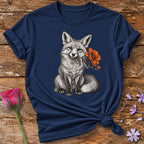 Fox with Autumn Flower — Monochrome Botanical T-Shirt for Women in Navy