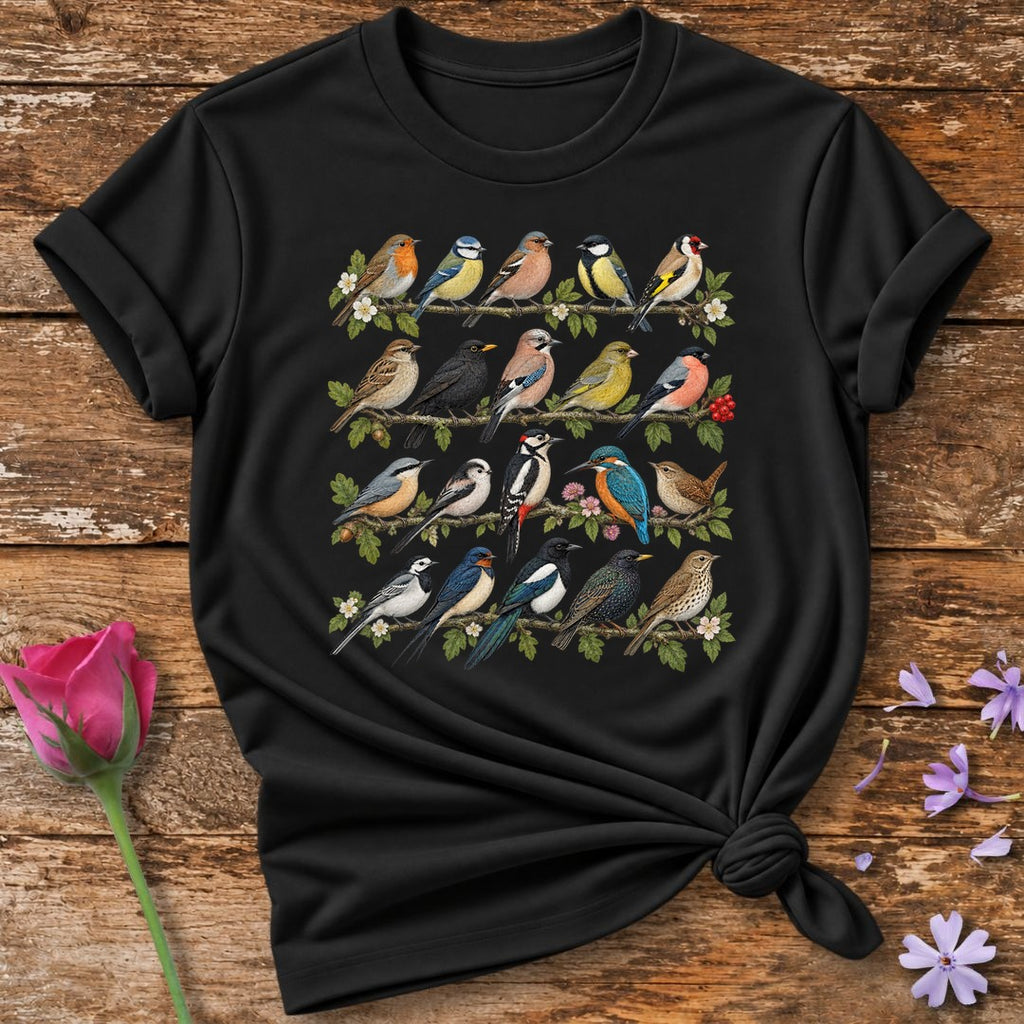 Garden Bird Collection — Watercolor Field Guide T-Shirt for Women in Black