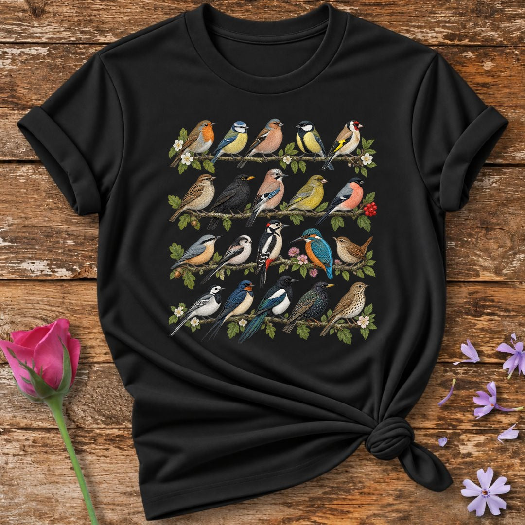 Garden Bird Collection — Watercolor Field Guide T-Shirt for Women in Black