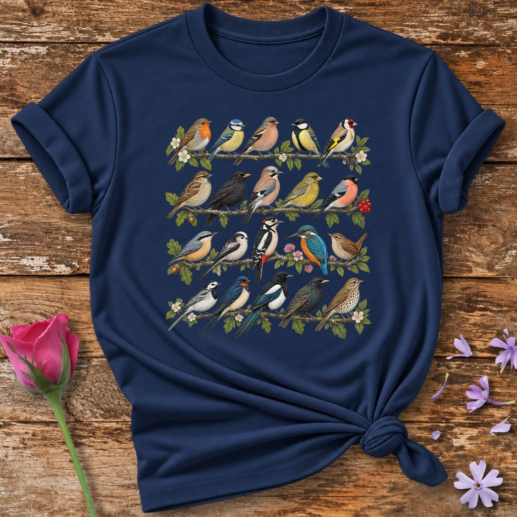 Garden Bird Collection — Watercolor Field Guide T-Shirt for Women in Navy