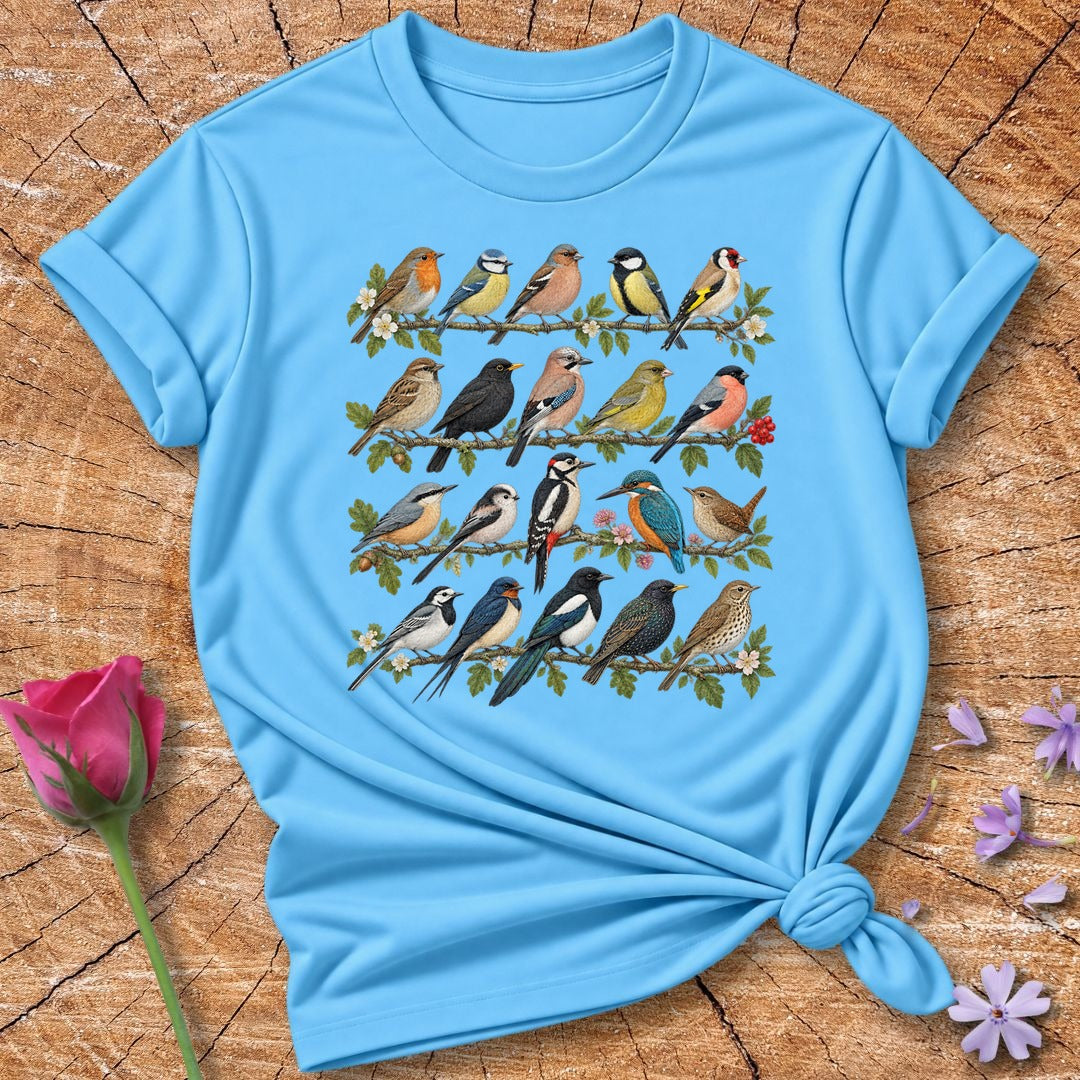 Garden Bird Collection — Watercolor Field Guide T-Shirt for Women in Sky