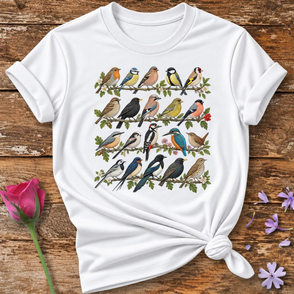 Garden Bird Collection — Watercolor Field Guide T-Shirt for Women in White