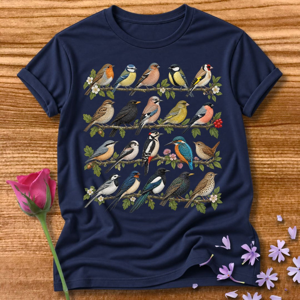Garden Bird Collection — Watercolor Field Guide T-Shirt for Women in Navy