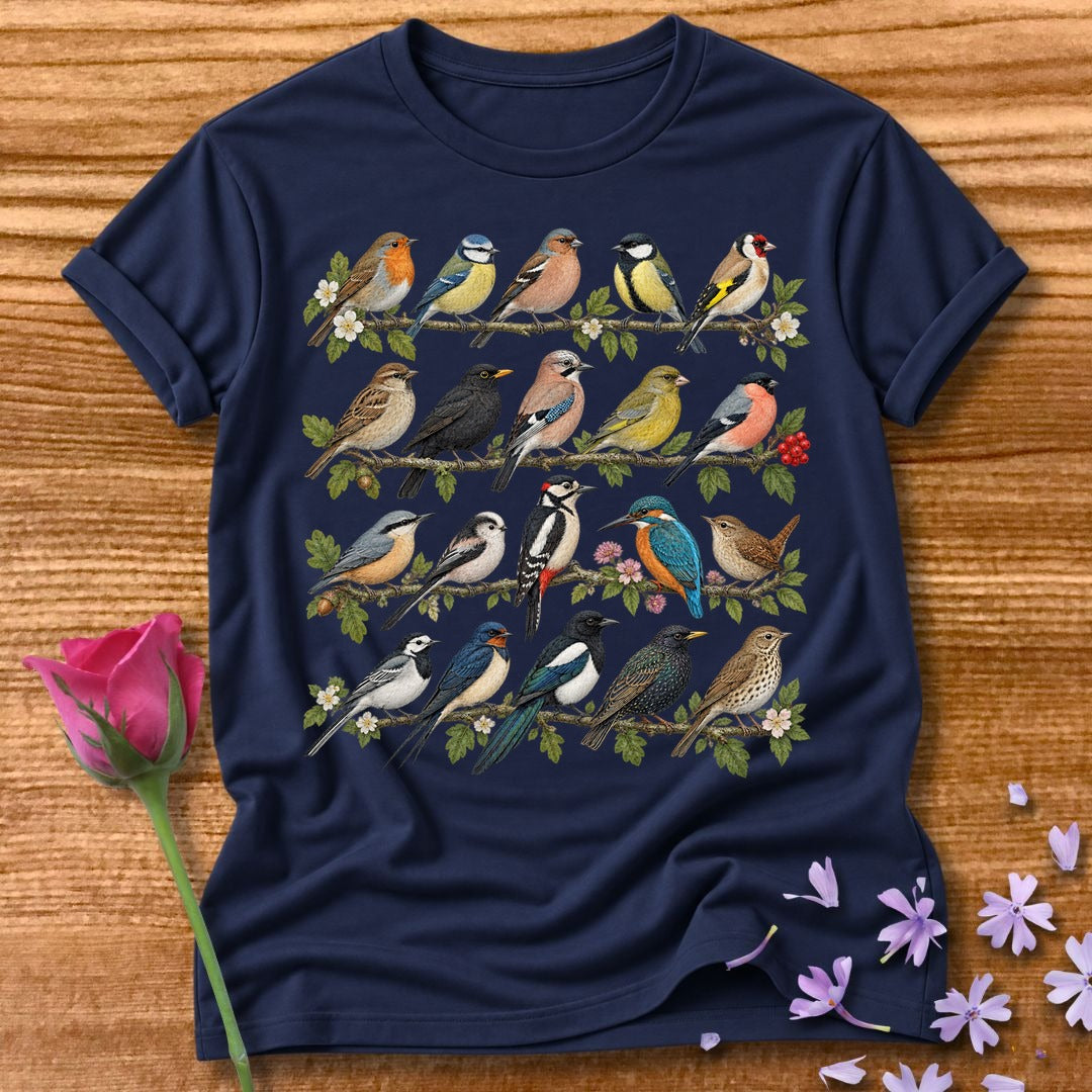 Garden Bird Collection — Watercolor Field Guide T-Shirt for Women in Navy