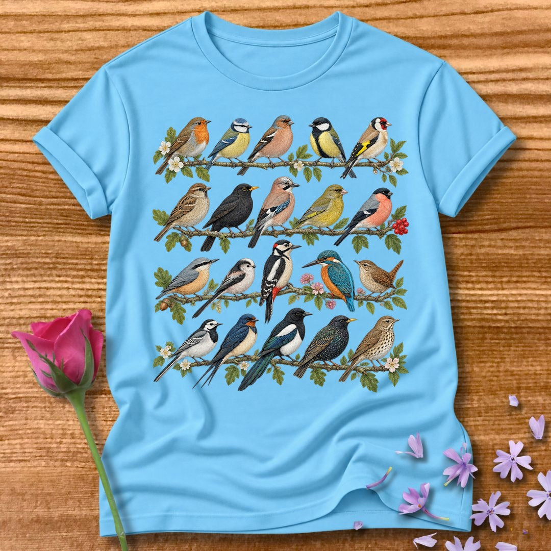 Garden Bird Collection — Watercolor Field Guide T-Shirt for Women in Sky