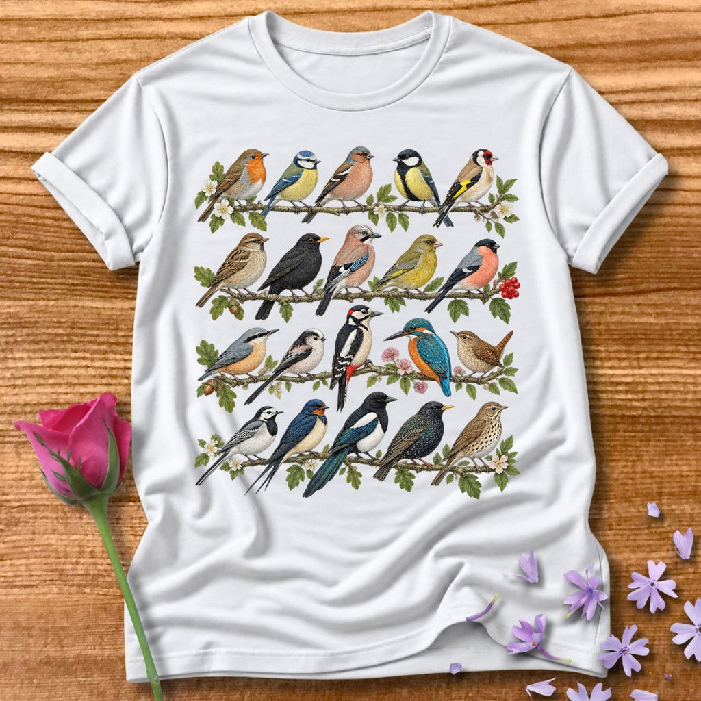 Garden Bird Collection — Watercolor Field Guide T-Shirt for Women in White
