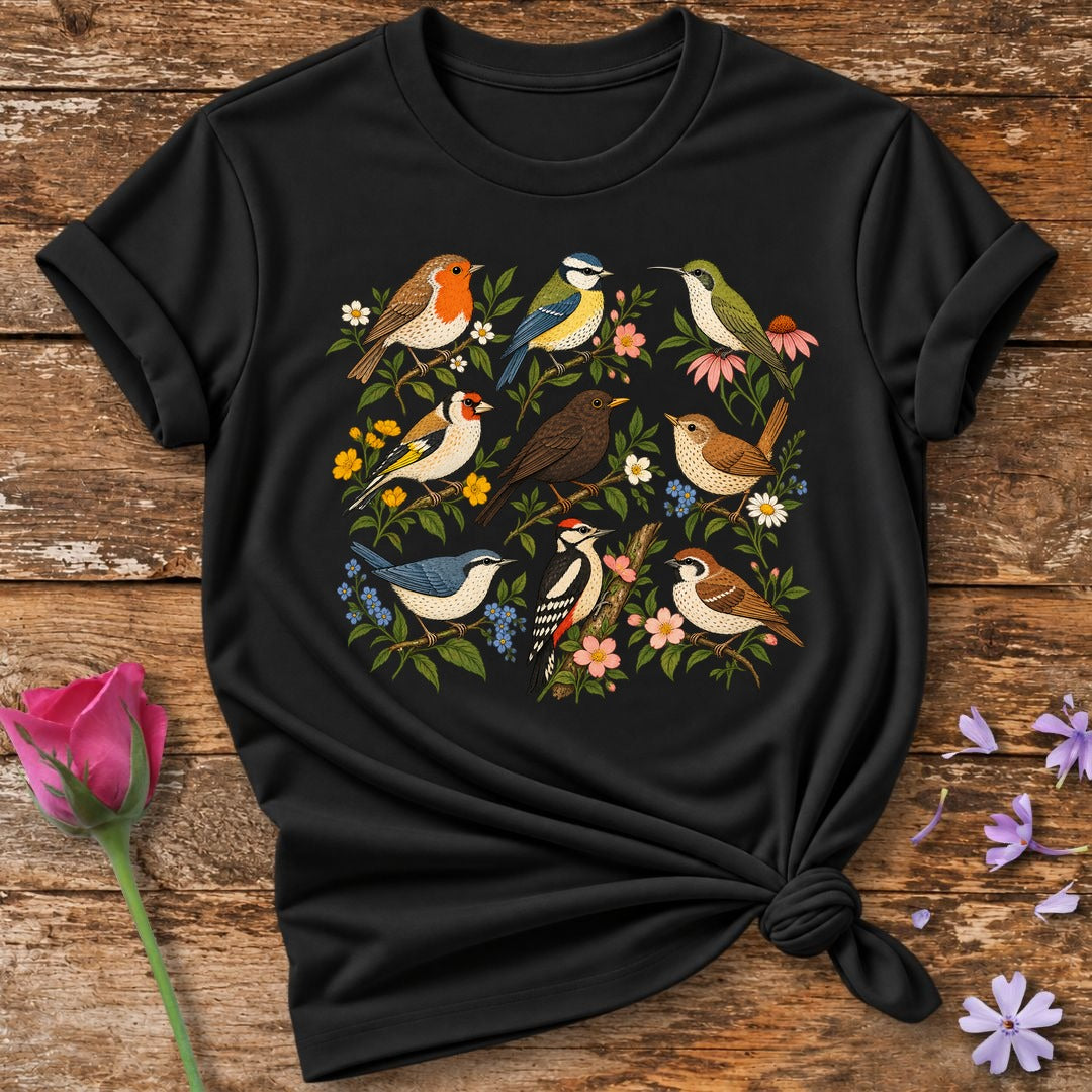 Garden Birds Collection — Vintage Botanical Grid T-Shirt for Women in Black