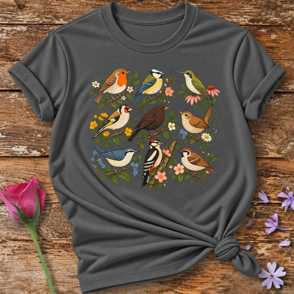 Garden Birds Collection — Vintage Botanical Grid T-Shirt for Women in Charcoal