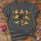 Garden Birds Collection — Vintage Botanical Grid T-Shirt for Women in Charcoal