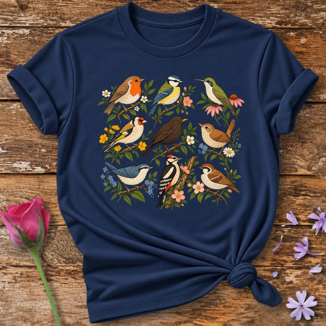 Garden Birds Collection — Vintage Botanical Grid T-Shirt for Women in Navy