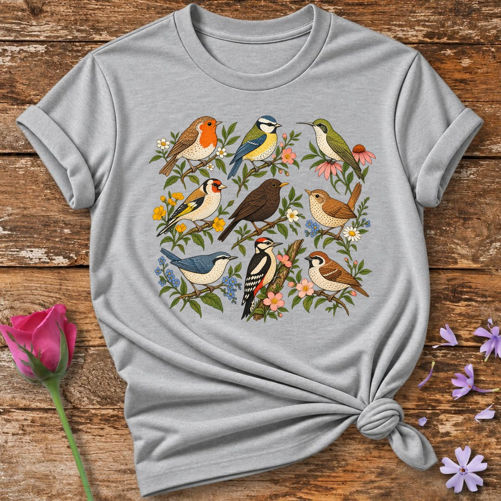Garden Birds Collection — Vintage Botanical Grid T-Shirt for Women in Sport Grey