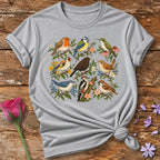 Garden Birds Collection — Vintage Botanical Grid T-Shirt for Women in Sport Grey