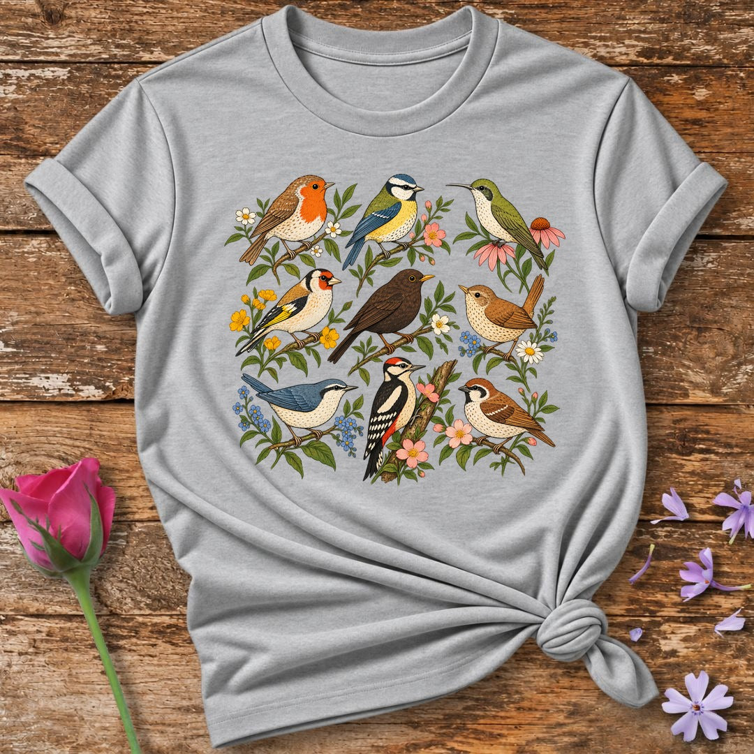 Garden Birds Collection — Vintage Botanical Grid T-Shirt for Women in Sport Grey