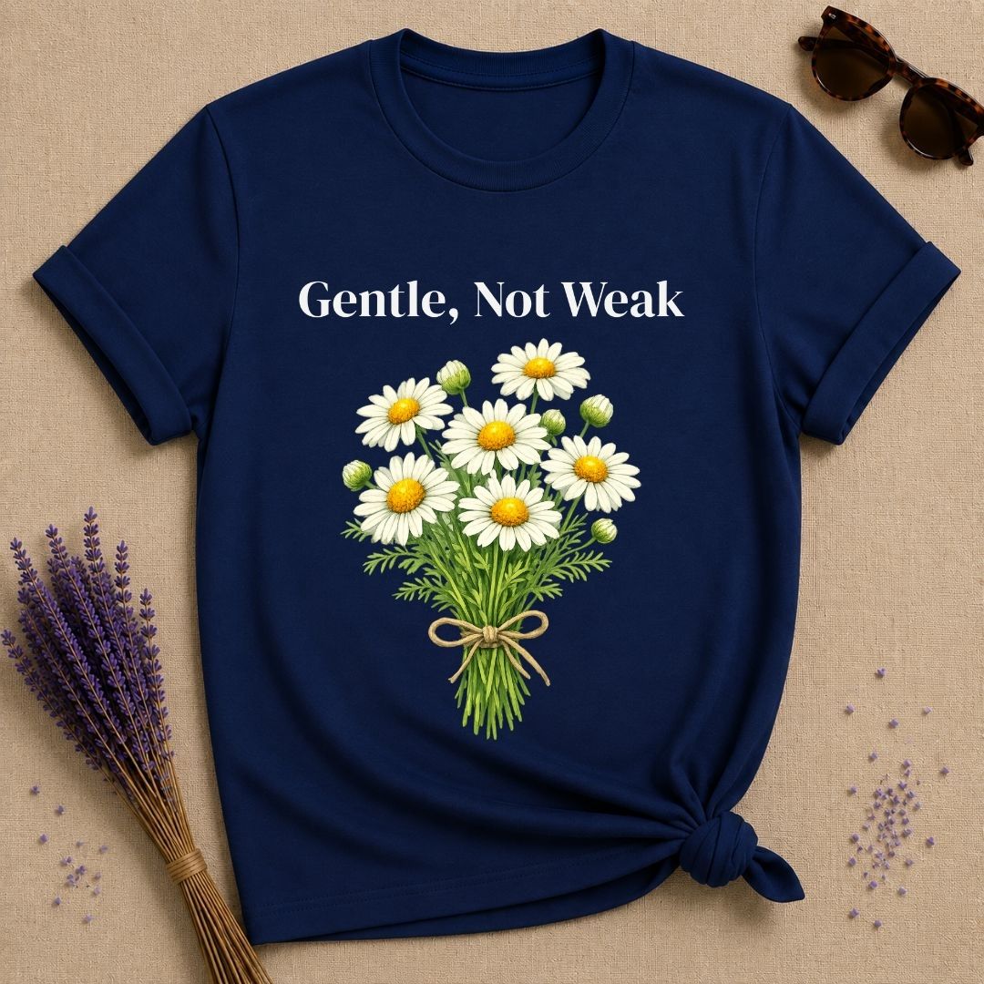 Gentle, Not Weak — Wildflower Botanical Empowerment Tee for Women in Navy