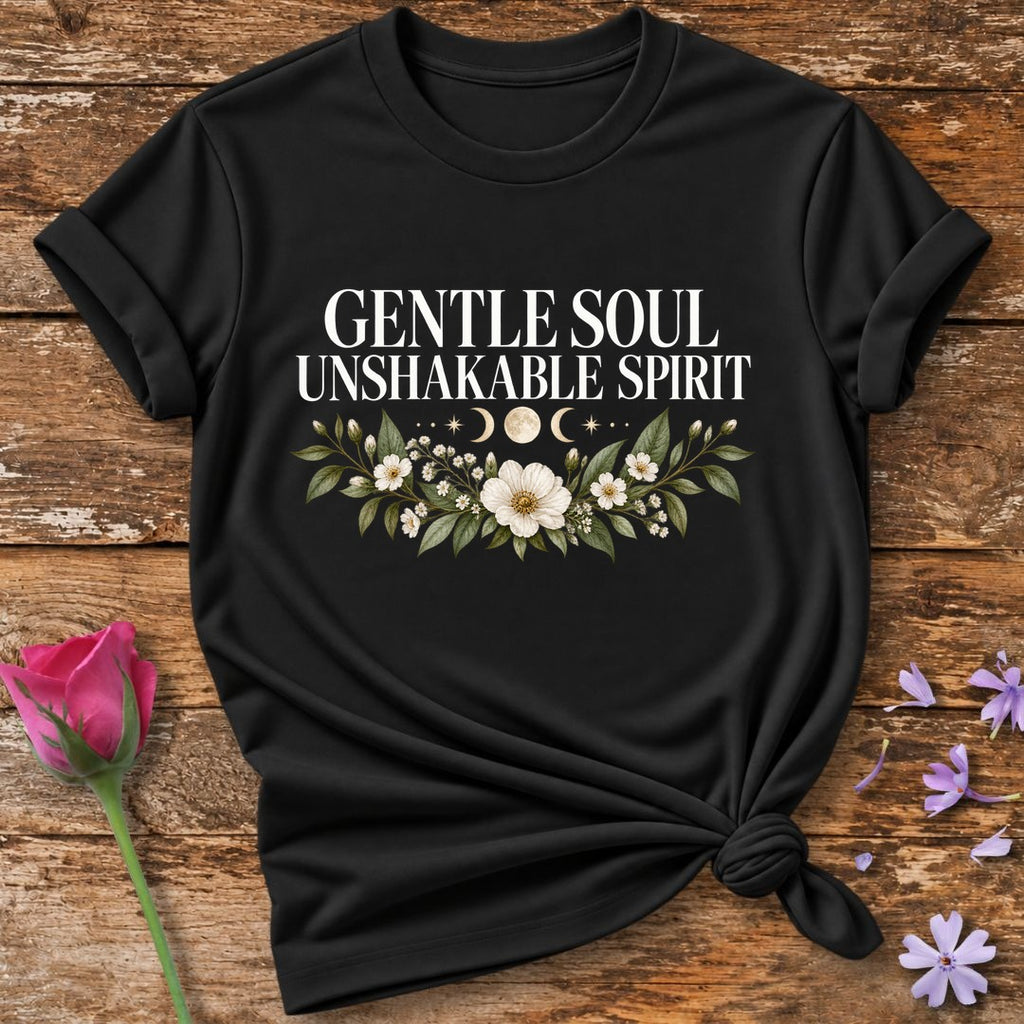 Gentle Soul Unshakable Spirit — Black Celestial Floral T-Shirt for Women in Black
