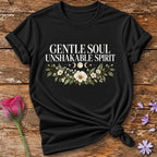 Gentle Soul Unshakable Spirit — Black Celestial Floral T-Shirt for Women in Black