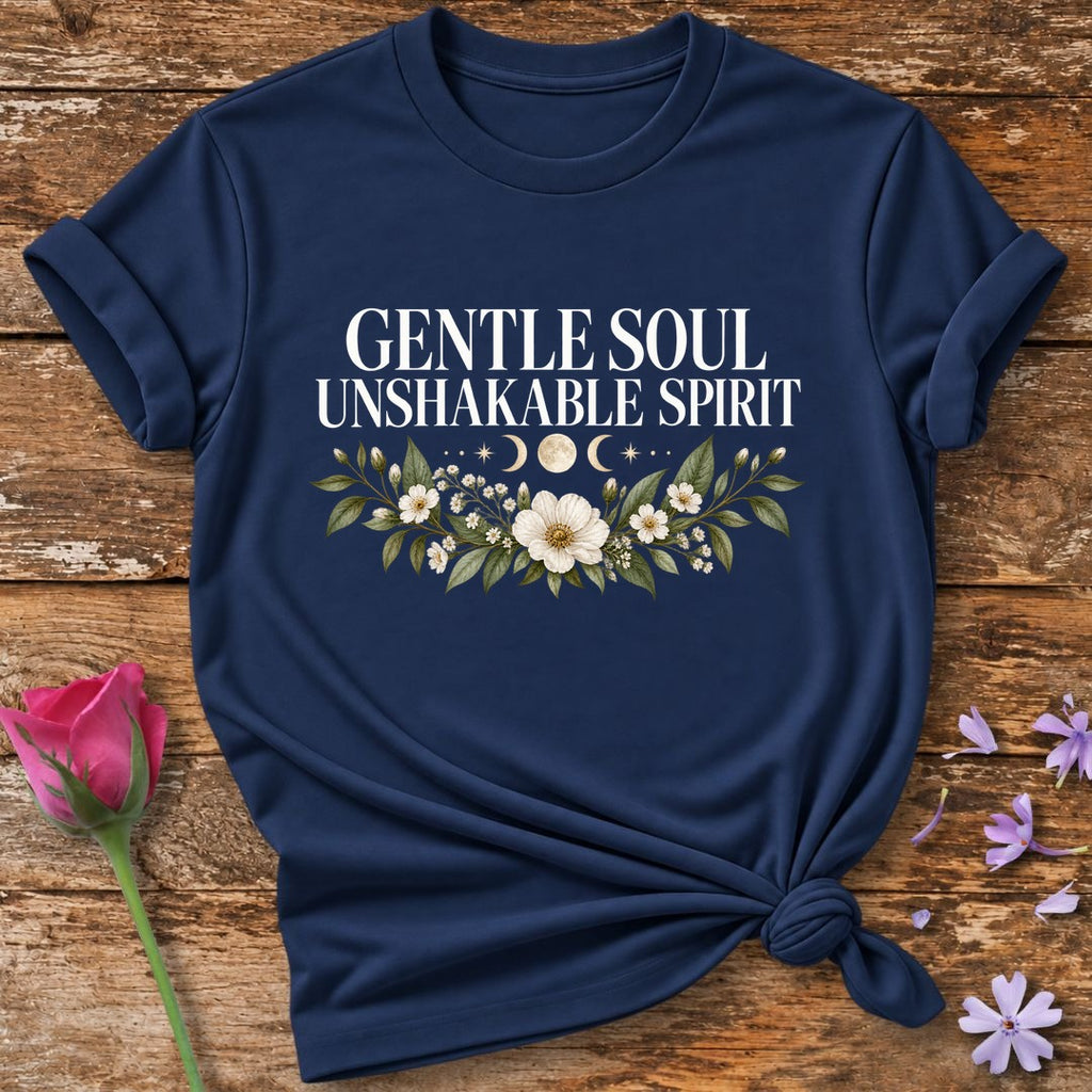 Gentle Soul Unshakable Spirit — Black Celestial Floral T-Shirt for Women in Navy