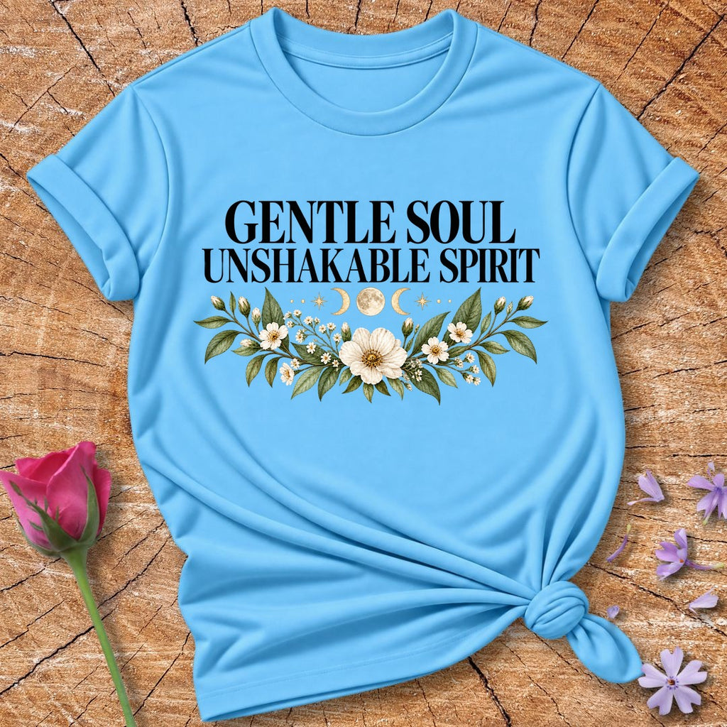 Gentle Soul Unshakable Spirit — Black Celestial Floral T-Shirt for Women in Sky