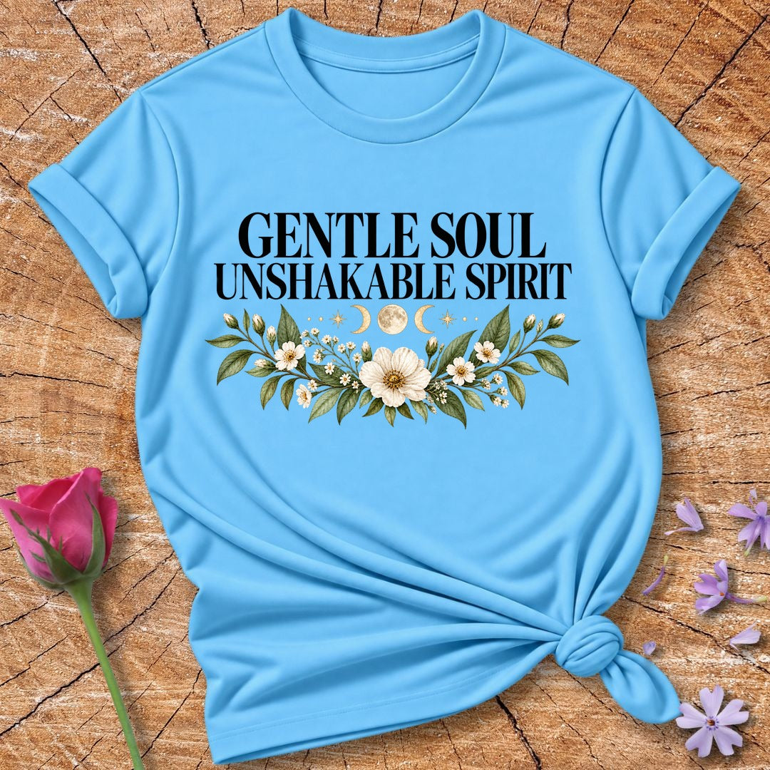 Gentle Soul Unshakable Spirit — Black Celestial Floral T-Shirt for Women in Sky