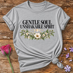 Gentle Soul Unshakable Spirit — Black Celestial Floral T-Shirt for Women in Sport Grey