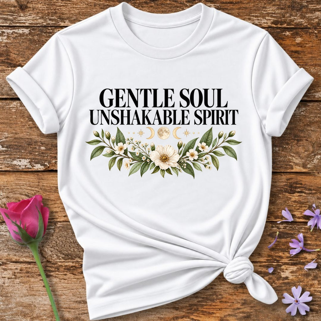 Gentle Soul Unshakable Spirit — Black Celestial Floral T-Shirt for Women in White