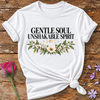 Gentle Soul Unshakable Spirit — Black Celestial Floral T-Shirt for Women in White