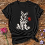 German Shepherd with Rose — Monochrome Botanical T-Shirt for Women in Black