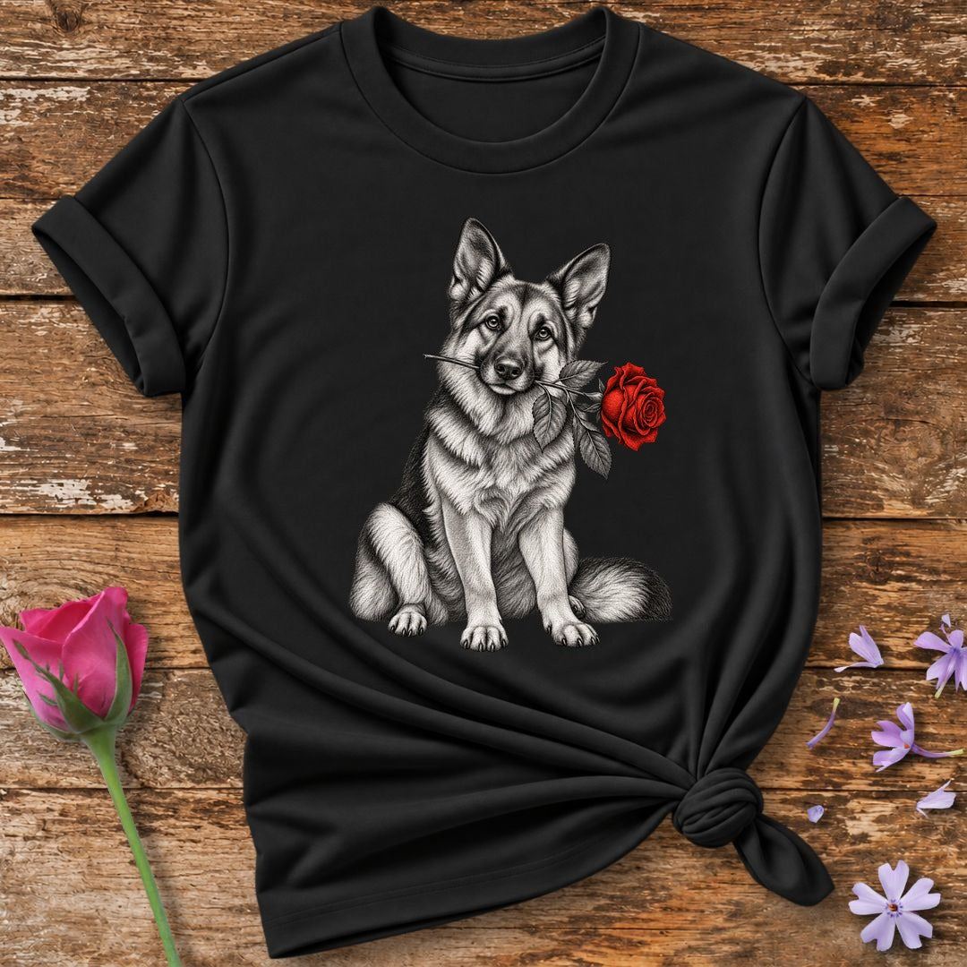 German Shepherd with Rose — Monochrome Botanical T-Shirt for Women in Black